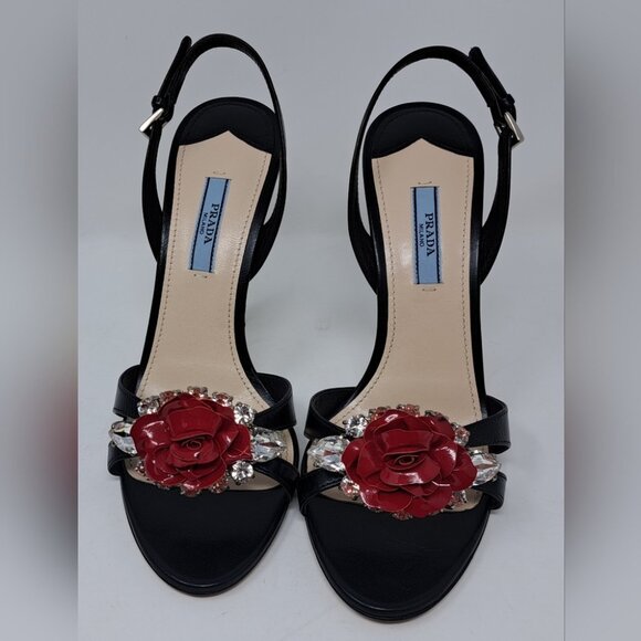 NWOT Prada Women's Black Red Rose Crystals Slingback Sandals Heels 39 EU 9 US - Picture 9 of 15